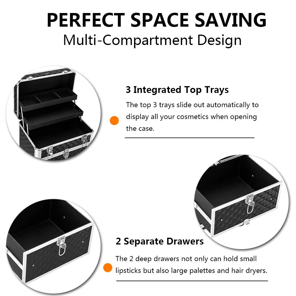 Omysalon SM7208 Aluminum Rolling Makeup Train Case with 2 Sliding Drawers & Diamond Textures - Image 7