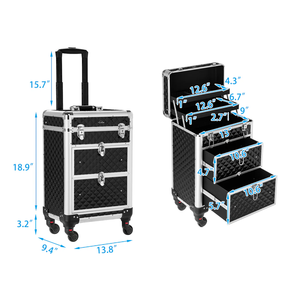 Omysalon SM7208 Aluminum Rolling Makeup Train Case with 2 Sliding Drawers & Diamond Textures - Image 8