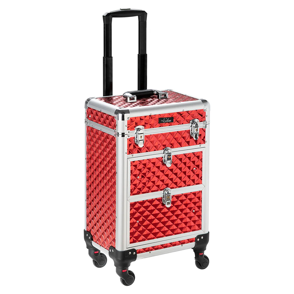 Omysalon SM7208 Aluminum Rolling Makeup Train Case with 2 Sliding Drawers & Diamond Textures - Image 9