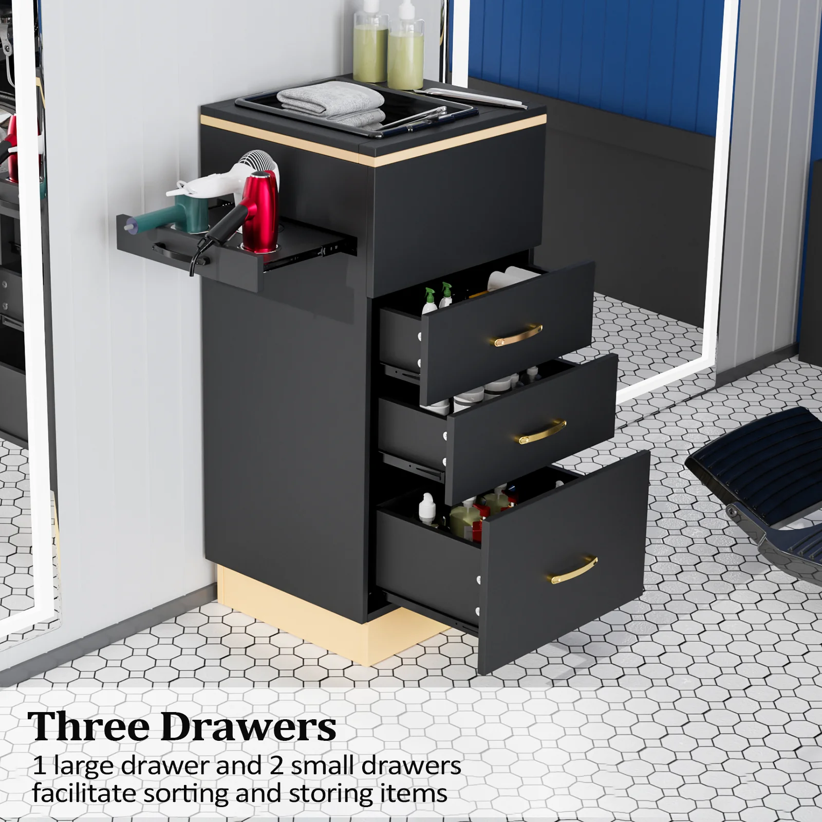 OmySalon HSC-23 Salon Styling Storage Station w/3 Drawers 1 Storage Basin 3 Hair Dryer Holders - Image 10