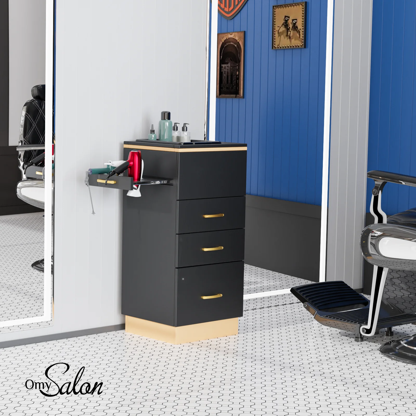 OmySalon HSC-23 Salon Styling Storage Station w/3 Drawers 1 Storage Basin 3 Hair Dryer Holders - Image 15