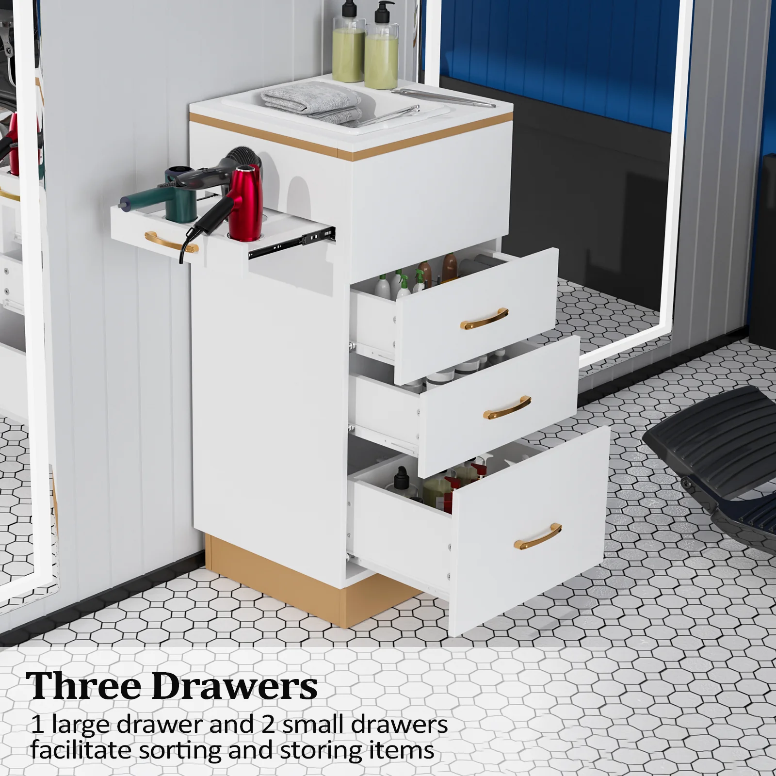 OmySalon HSC-23 Salon Styling Storage Station w/3 Drawers 1 Storage Basin 3 Hair Dryer Holders - Image 2