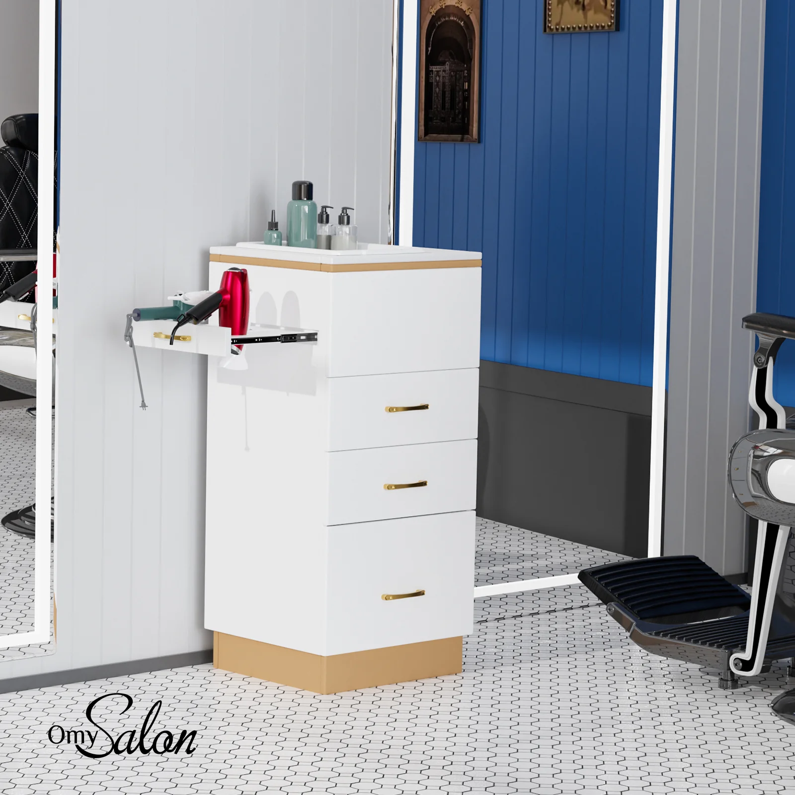 OmySalon HSC-23 Salon Styling Storage Station w/3 Drawers 1 Storage Basin 3 Hair Dryer Holders - Image 7