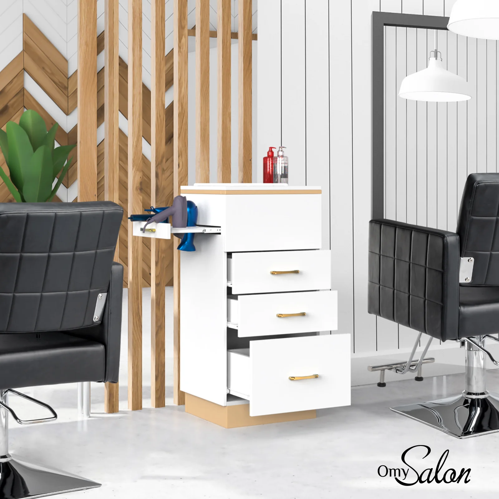 OmySalon HSC-23 Salon Styling Storage Station w/3 Drawers 1 Storage Basin 3 Hair Dryer Holders - Image 8