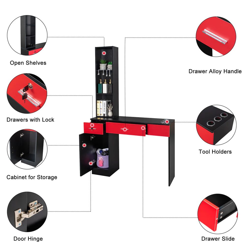 OmySalon HSC-08 Barber Station Wall Mount  2 Drawers 1 Storage Cabinet 3 Open Shelves Black/Red & Black - Image 10