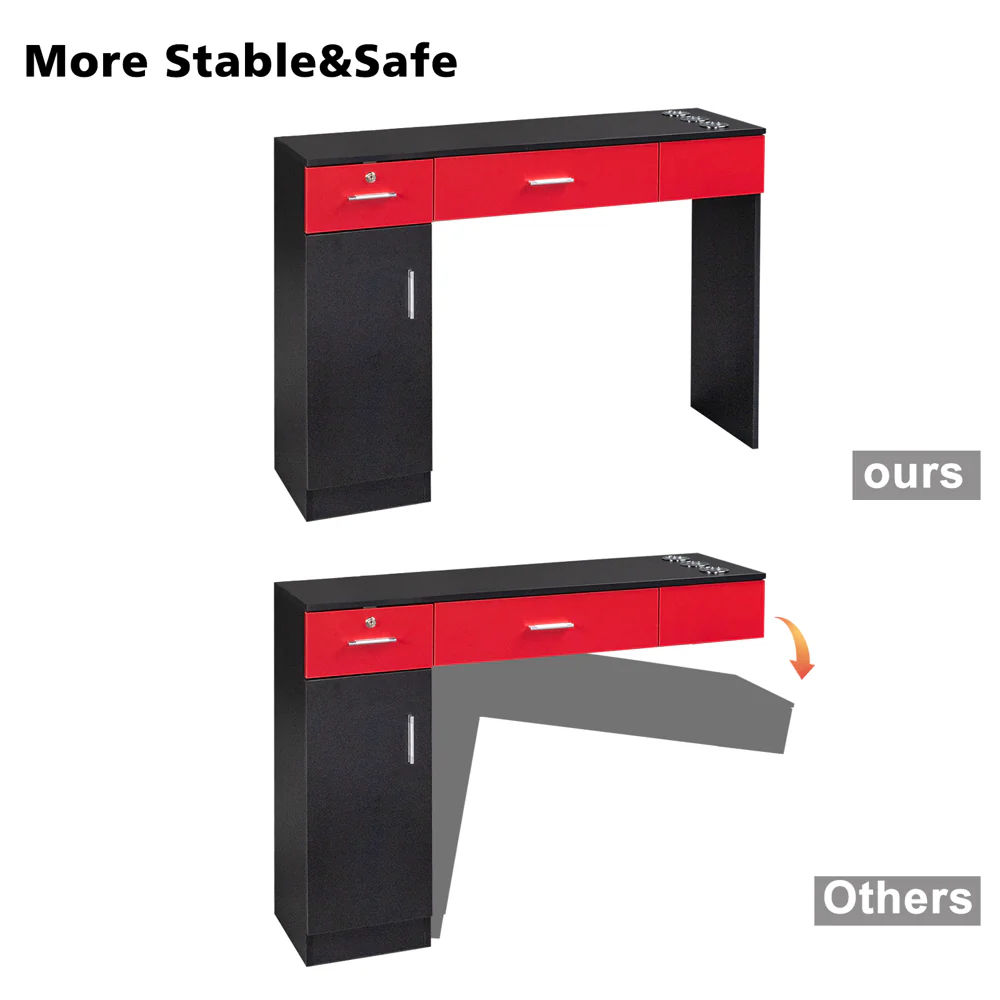 OmySalon HSC-08 Barber Station Wall Mount  2 Drawers 1 Storage Cabinet 3 Open Shelves Black/Red & Black - Image 11