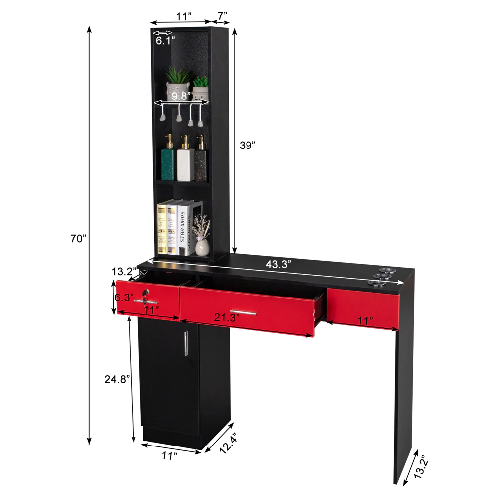 OmySalon HSC-08 Barber Station Wall Mount  2 Drawers 1 Storage Cabinet 3 Open Shelves Black/Red & Black - Image 12