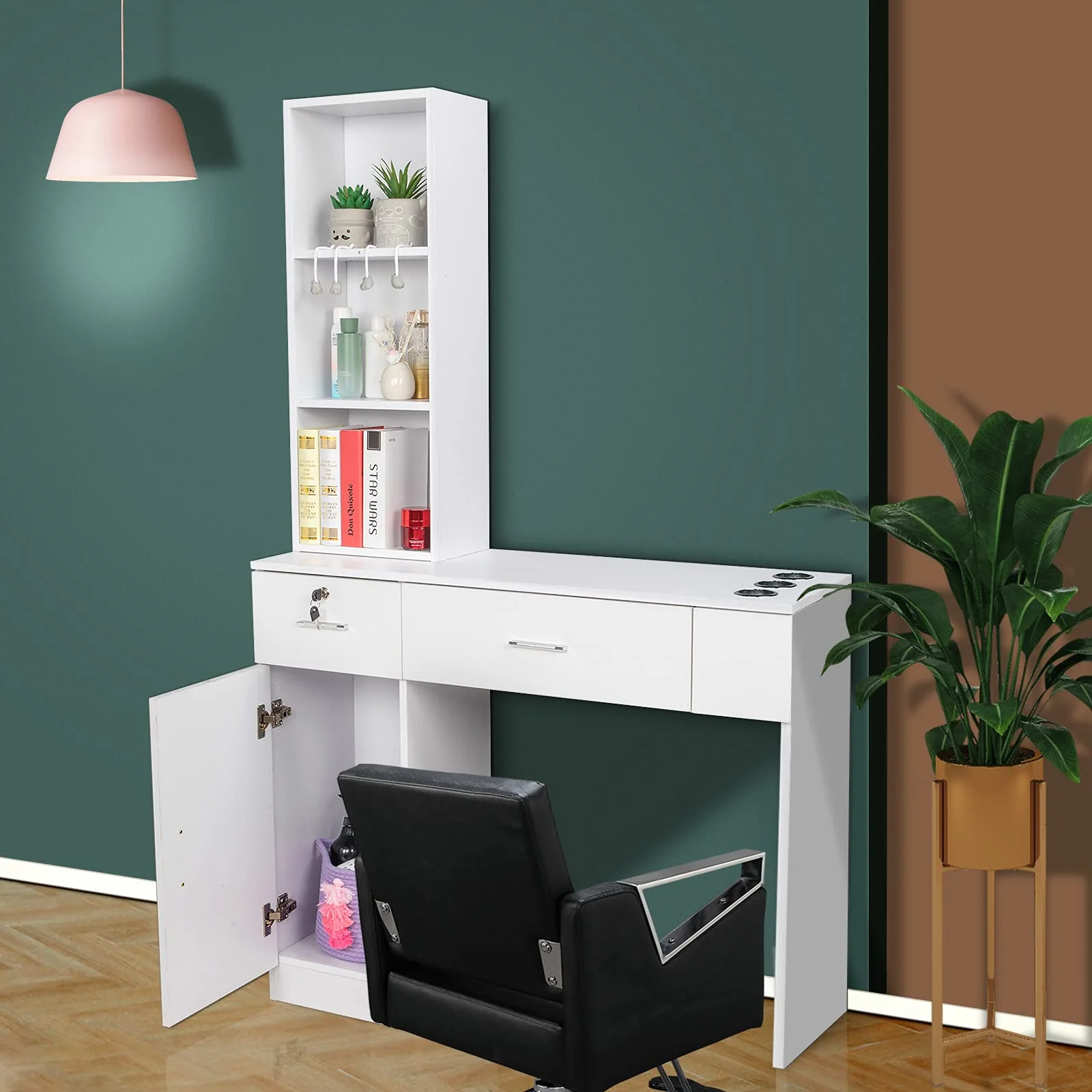 OmySalon HSC-08 Barber Station Wall Mount  2 Drawers 1 Storage Cabinet 3 Open Shelves Black/Red & Black - Image 14