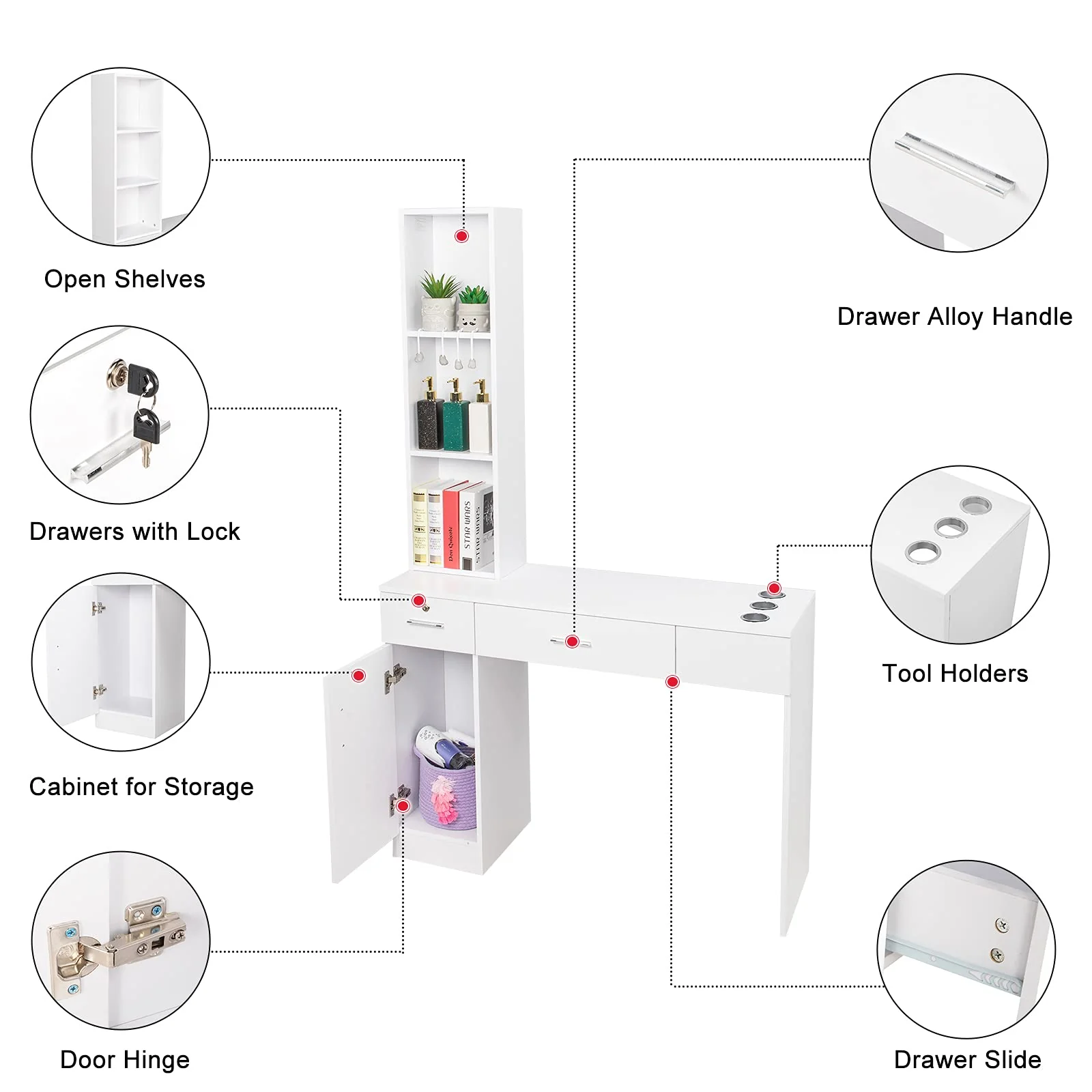 OmySalon HSC-08 Barber Station Wall Mount  2 Drawers 1 Storage Cabinet 3 Open Shelves Black/Red & Black - Image 16