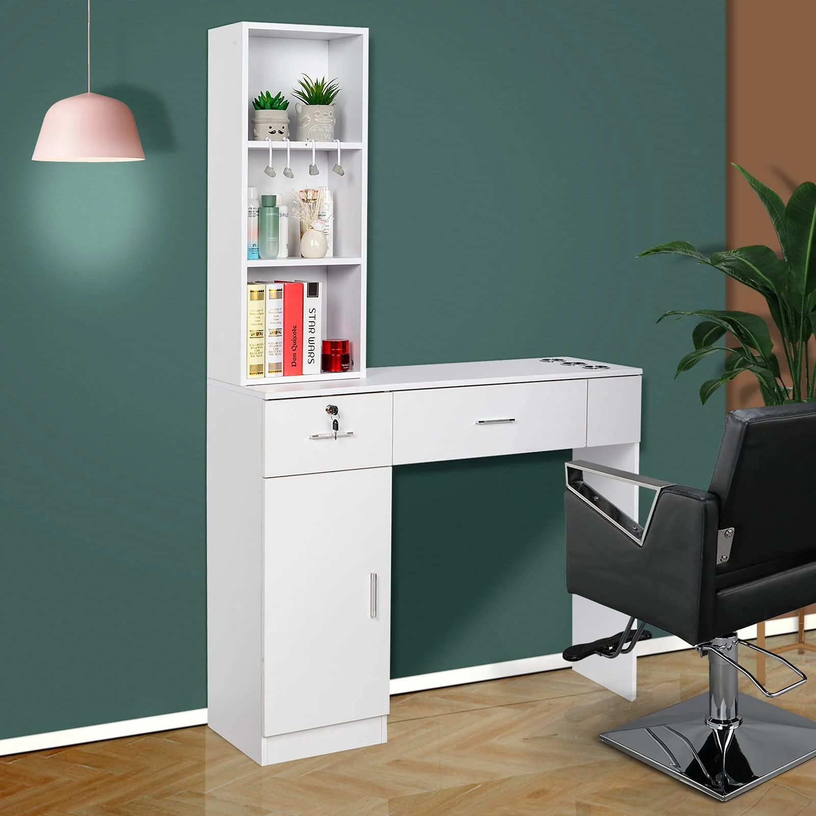 OmySalon HSC-08 Barber Station Wall Mount  2 Drawers 1 Storage Cabinet 3 Open Shelves Black/Red & Black - Image 19