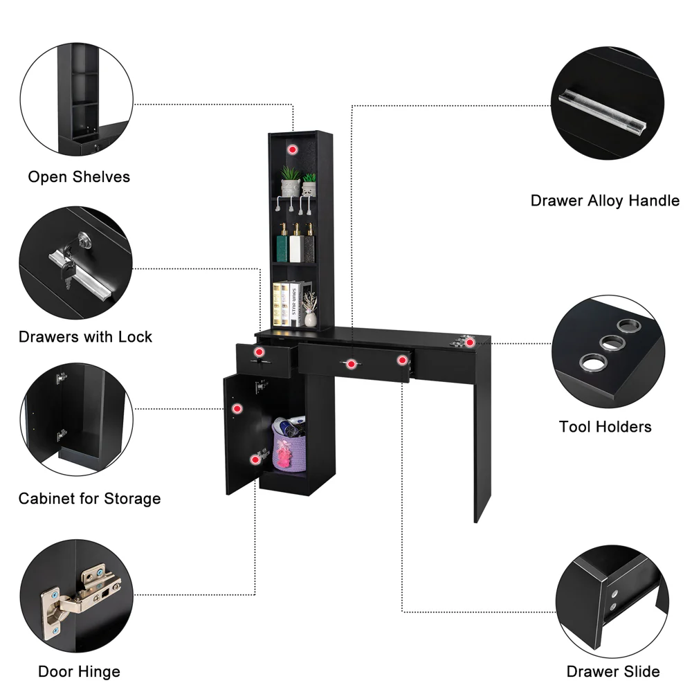 OmySalon HSC-08 Barber Station Wall Mount  2 Drawers 1 Storage Cabinet 3 Open Shelves Black/Red & Black - Image 3