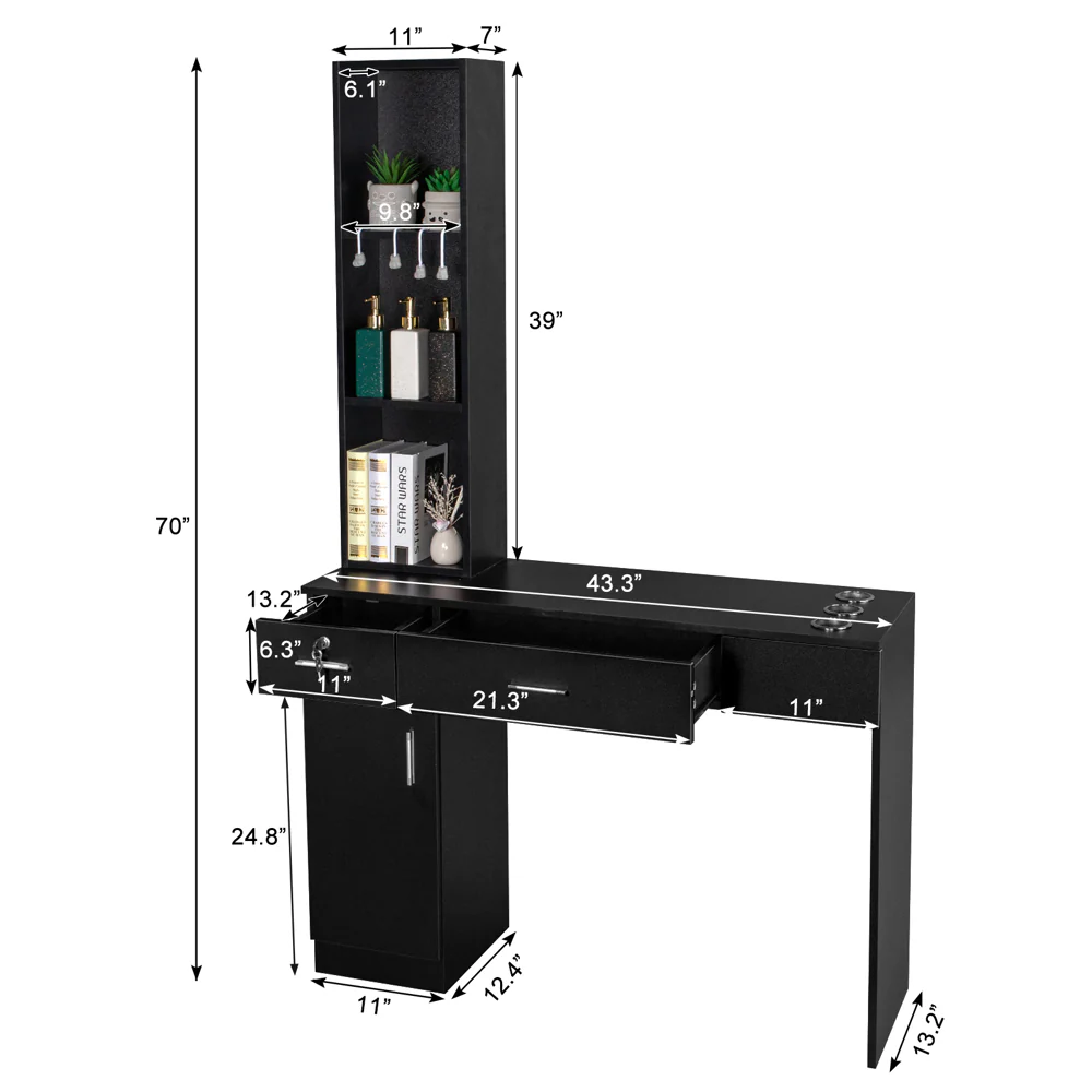 OmySalon HSC-08 Barber Station Wall Mount  2 Drawers 1 Storage Cabinet 3 Open Shelves Black/Red & Black - Image 5
