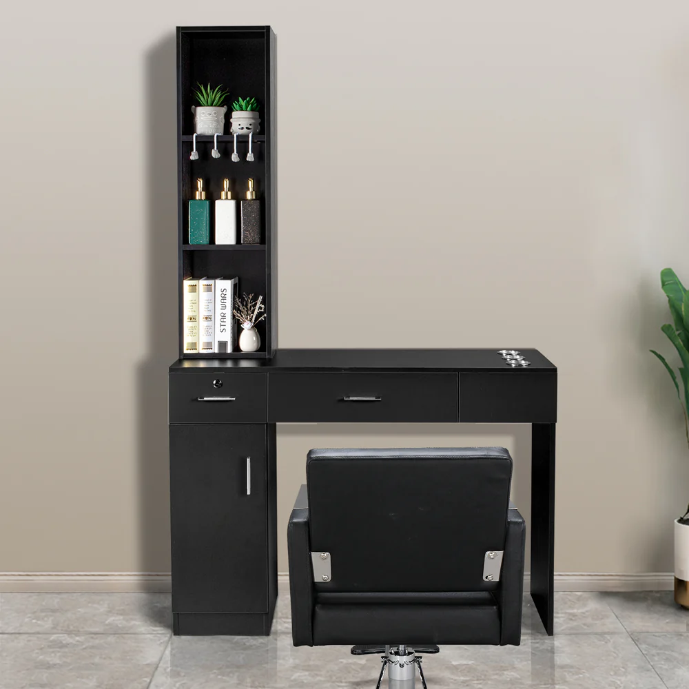 OmySalon HSC-08 Barber Station Wall Mount  2 Drawers 1 Storage Cabinet 3 Open Shelves Black/Red & Black - Image 6