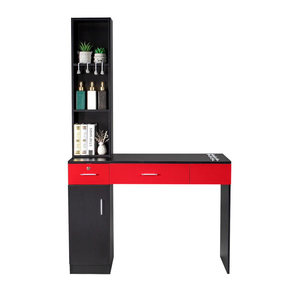 OmySalon HSC-08 Barber Station Wall Mount  2 Drawers 1 Storage Cabinet 3 Open Shelves Black/Red & Black - Image 8