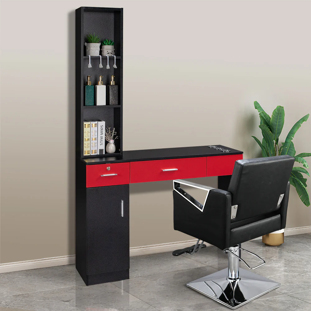 OmySalon HSC-08 Barber Station Wall Mount  2 Drawers 1 Storage Cabinet 3 Open Shelves Black/Red & Black - Image 9