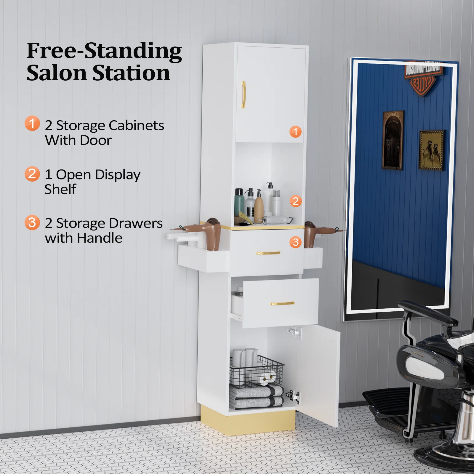 OmySalon HSC-24 Barber Storage Station Cabinet w/2 Drawers 2 Storage Cabinets 6 Hair Dryer Holders - Image 10