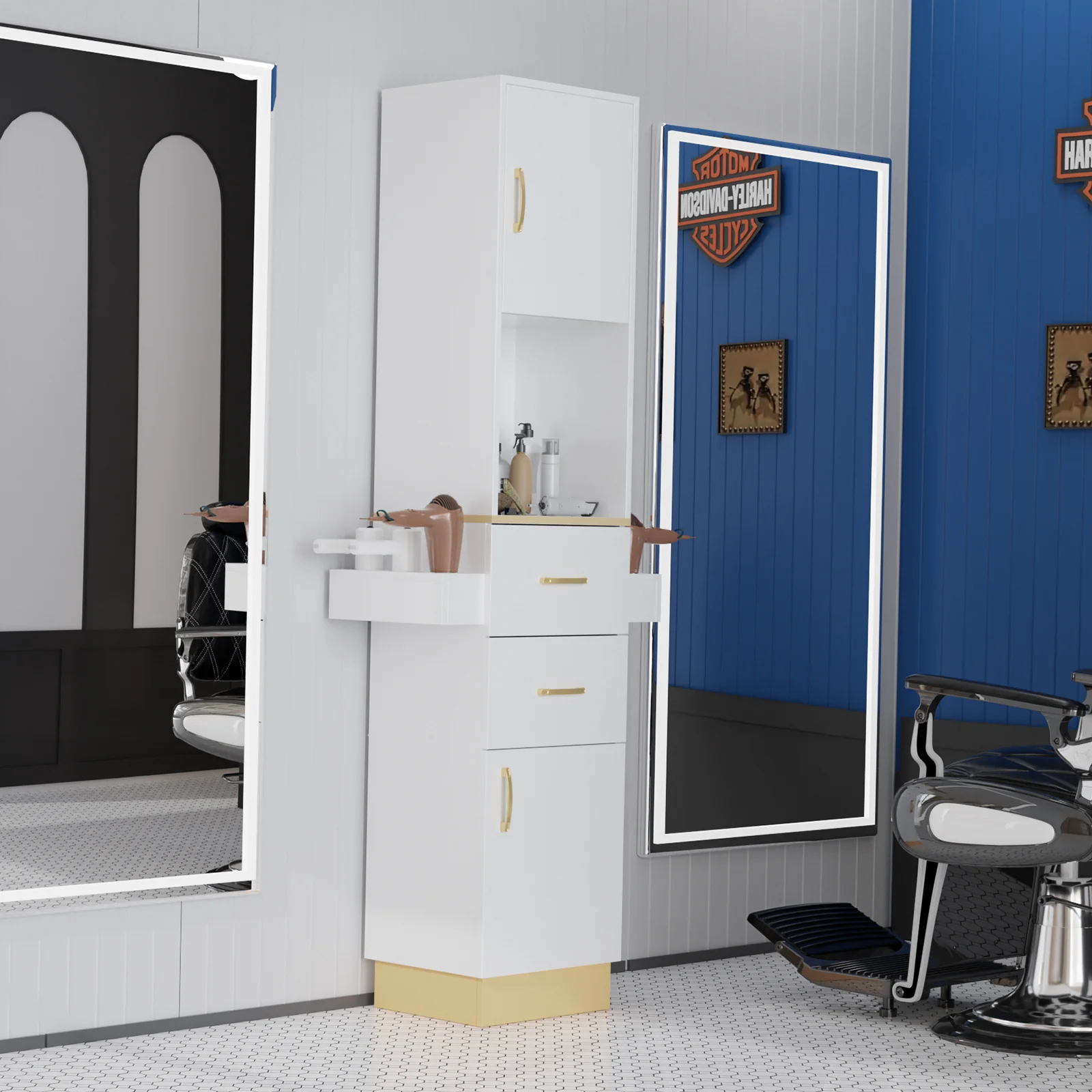 OmySalon HSC-24 Barber Storage Station Cabinet w/2 Drawers 2 Storage Cabinets 6 Hair Dryer Holders - Image 14