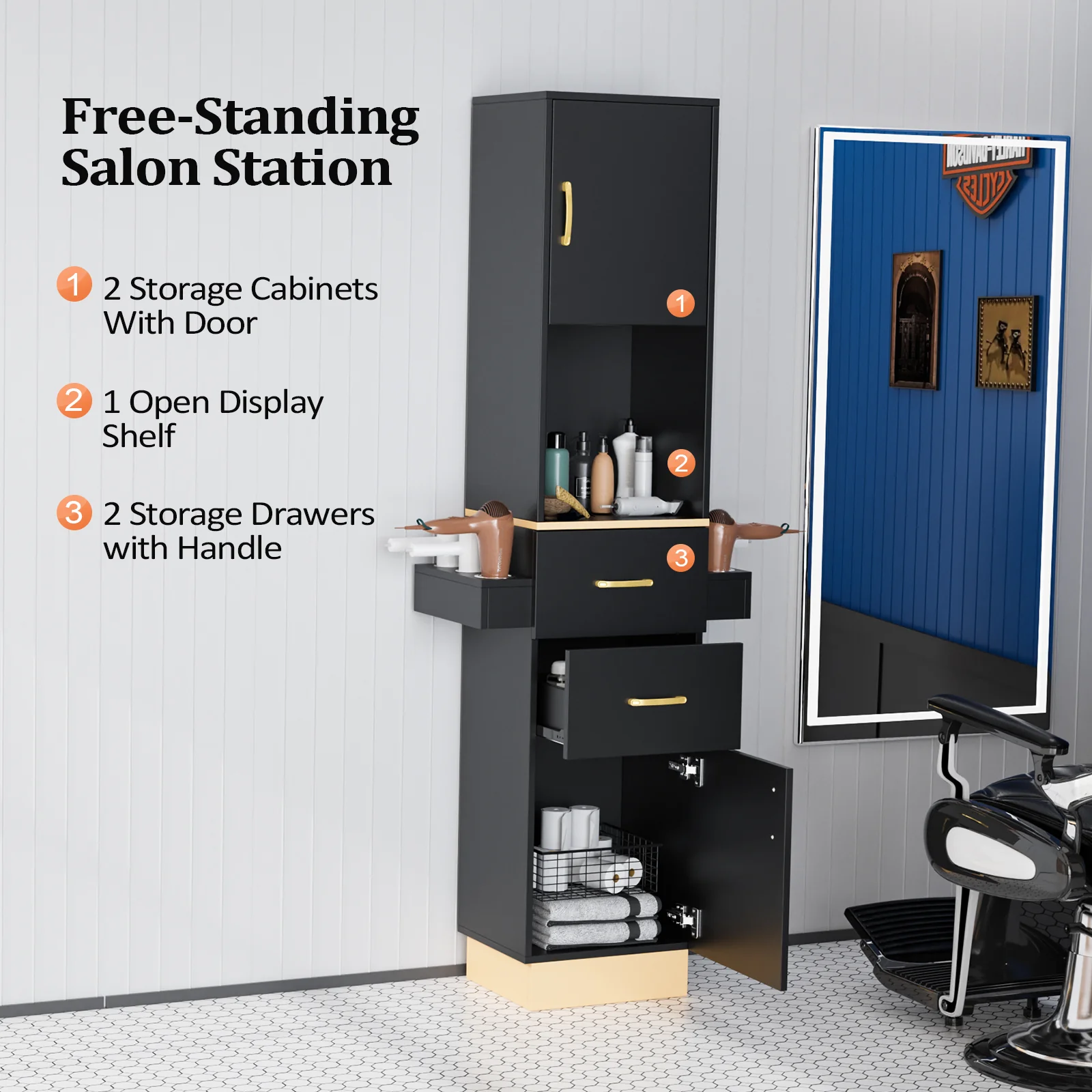 OmySalon HSC-24 Barber Storage Station Cabinet w/2 Drawers 2 Storage Cabinets 6 Hair Dryer Holders - Image 2