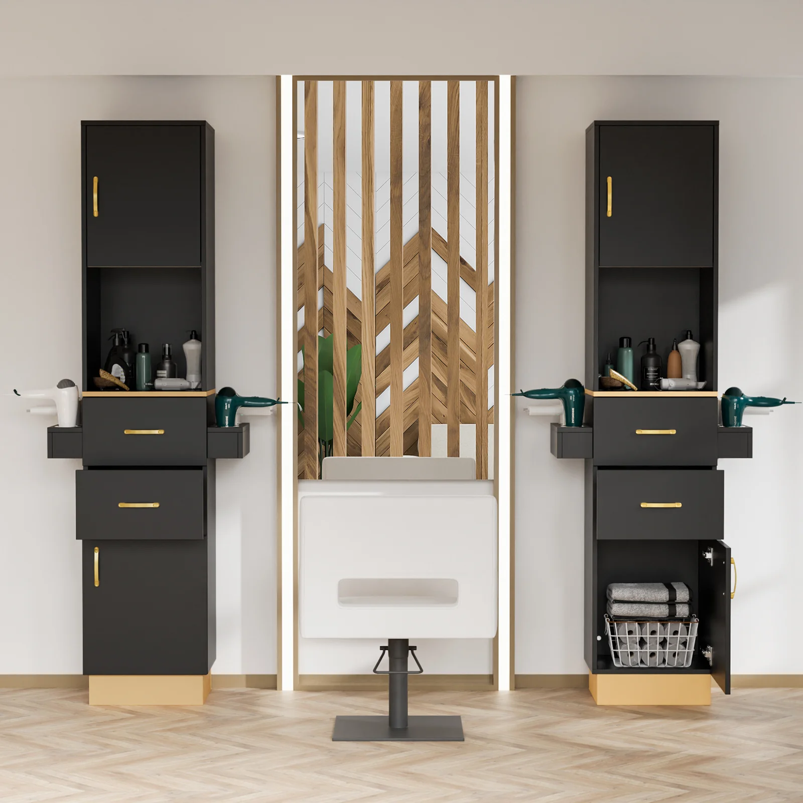 OmySalon HSC-24 Barber Storage Station Cabinet w/2 Drawers 2 Storage Cabinets 6 Hair Dryer Holders - Image 6