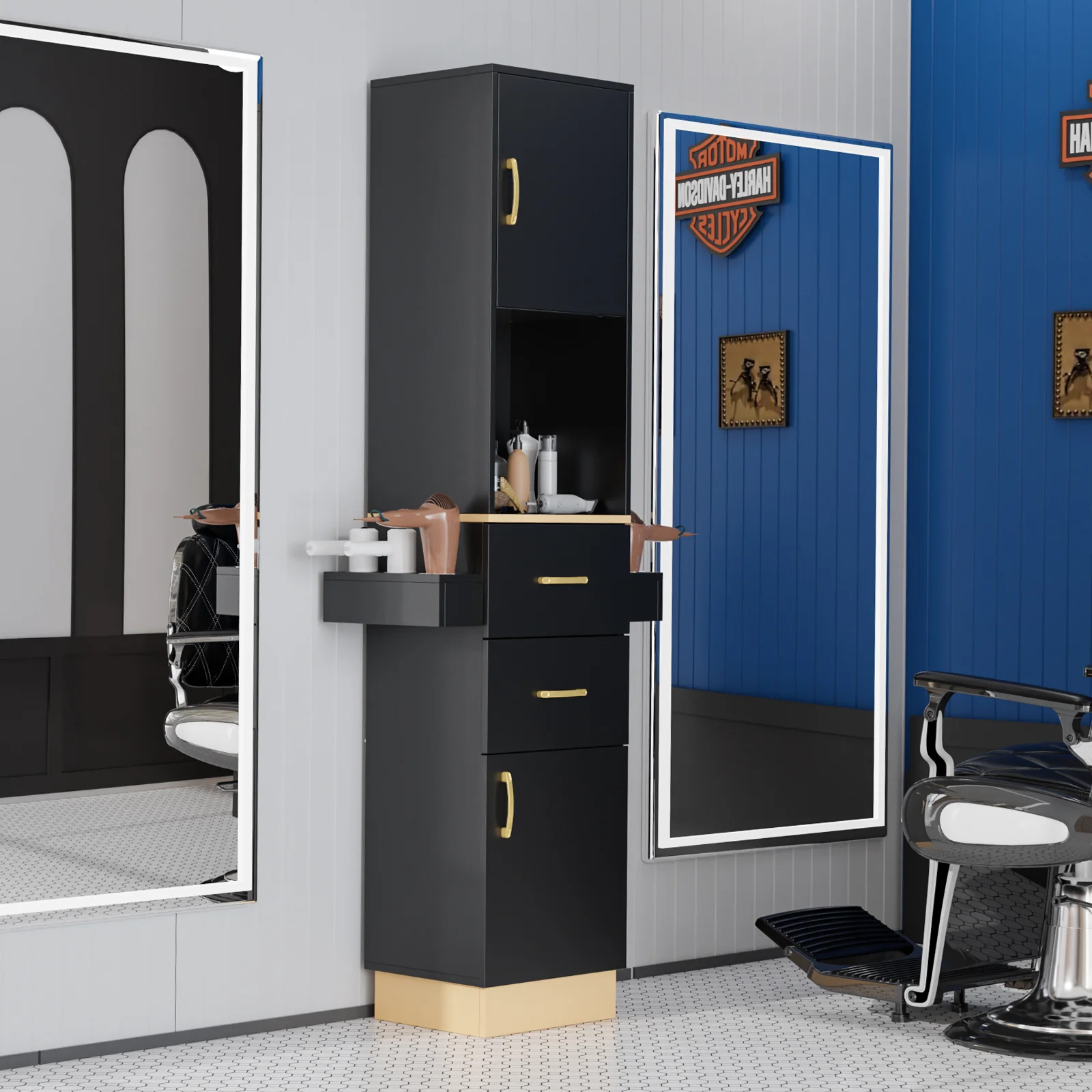 OmySalon HSC-24 Barber Storage Station Cabinet w/2 Drawers 2 Storage Cabinets 6 Hair Dryer Holders - Image 7