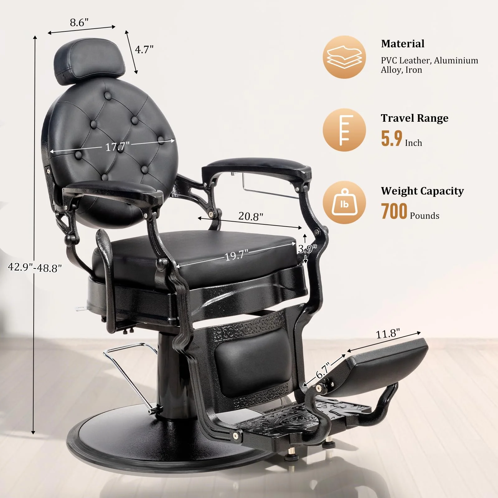 OmySalon BC1604 Retro Heavy Duty Hydraulic Recline Barber Chair - Image 12