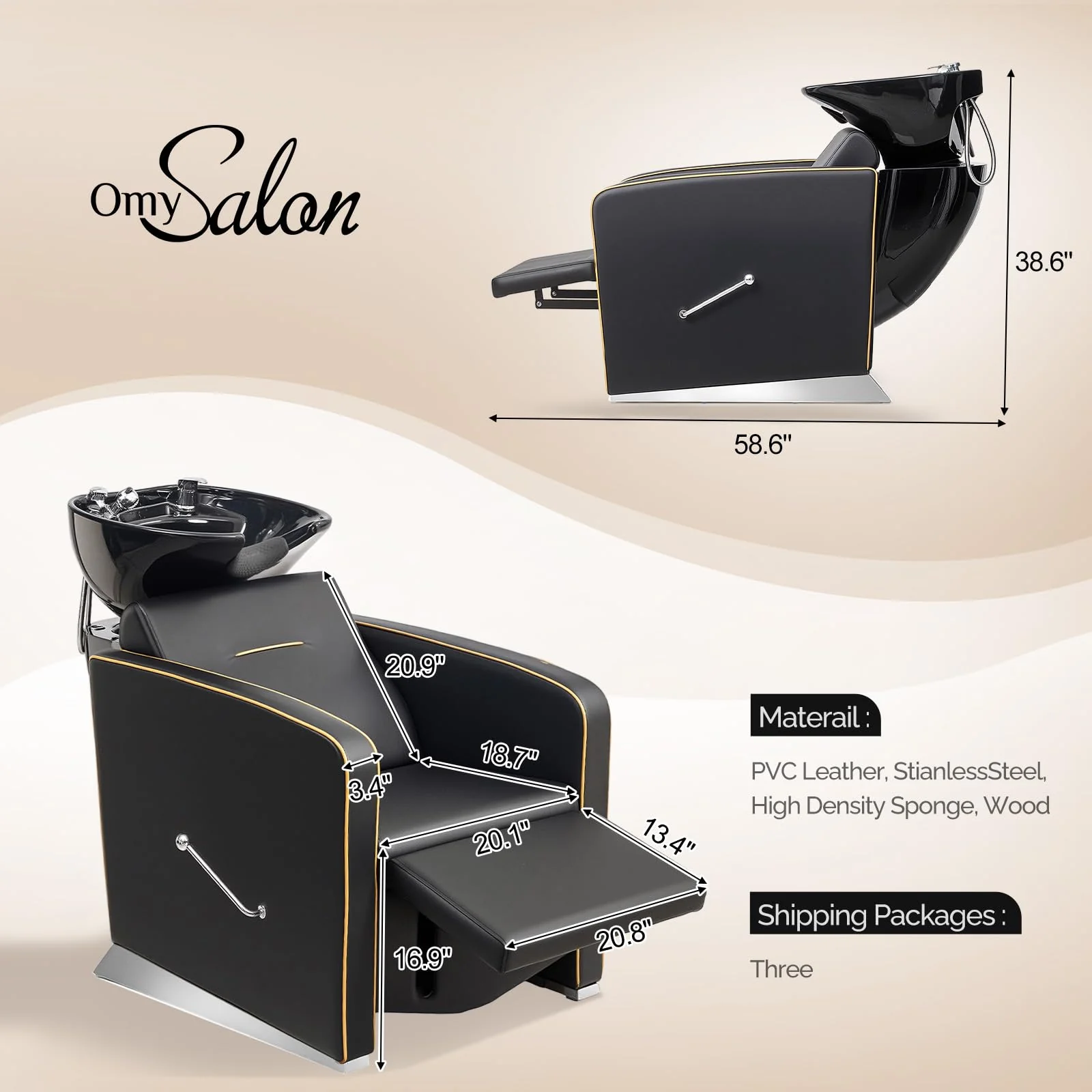 OmySalon BU1221 Salon Shampoo Backwash Chair Unit with Ceramic Shampoo Bowl & Adjustable Footrest - Image 3