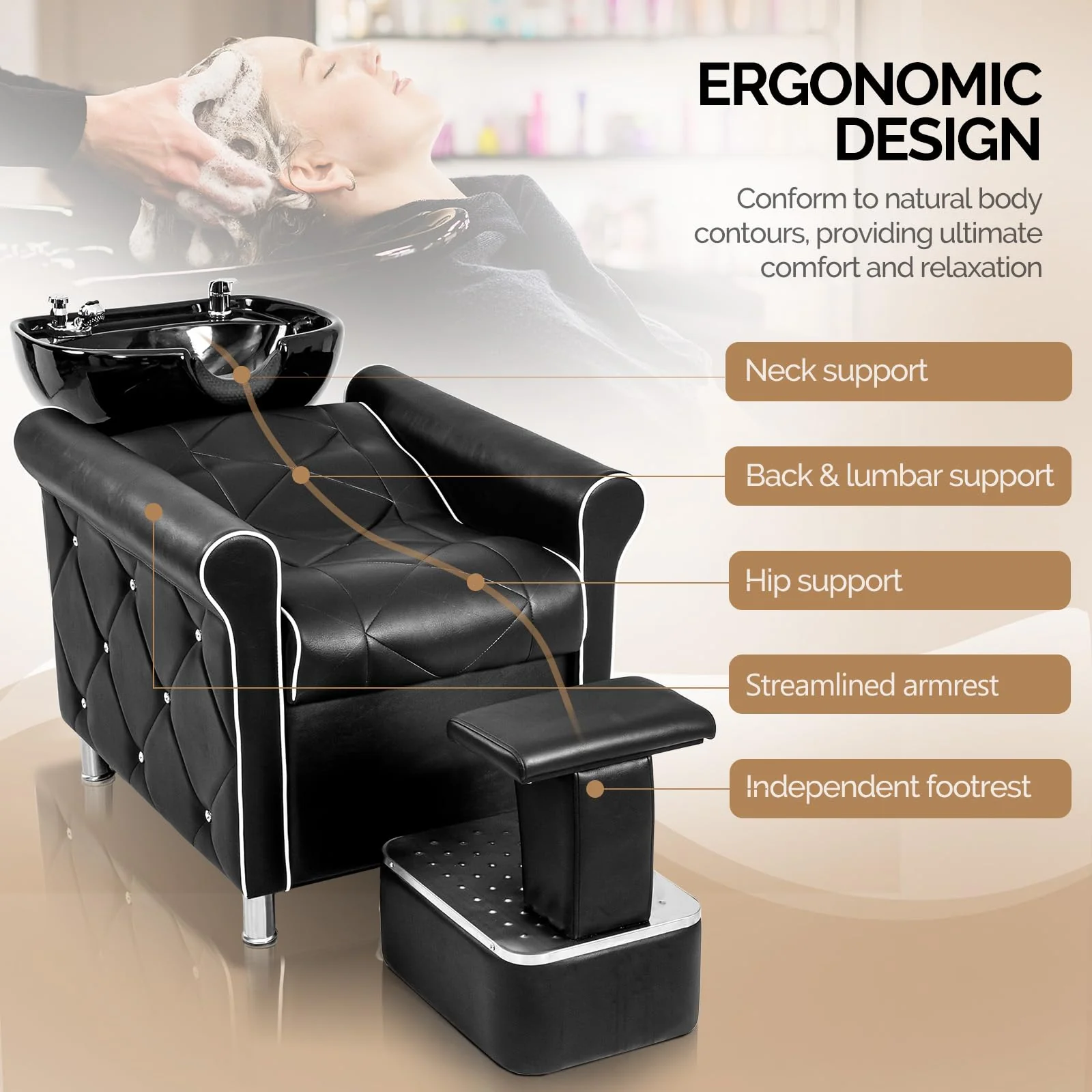 OmySalon BU1601 Salon Shampoo Bowl and Chair Backwash Unit with  Large Porcelain Bowl & Independent Footrest - Image 4