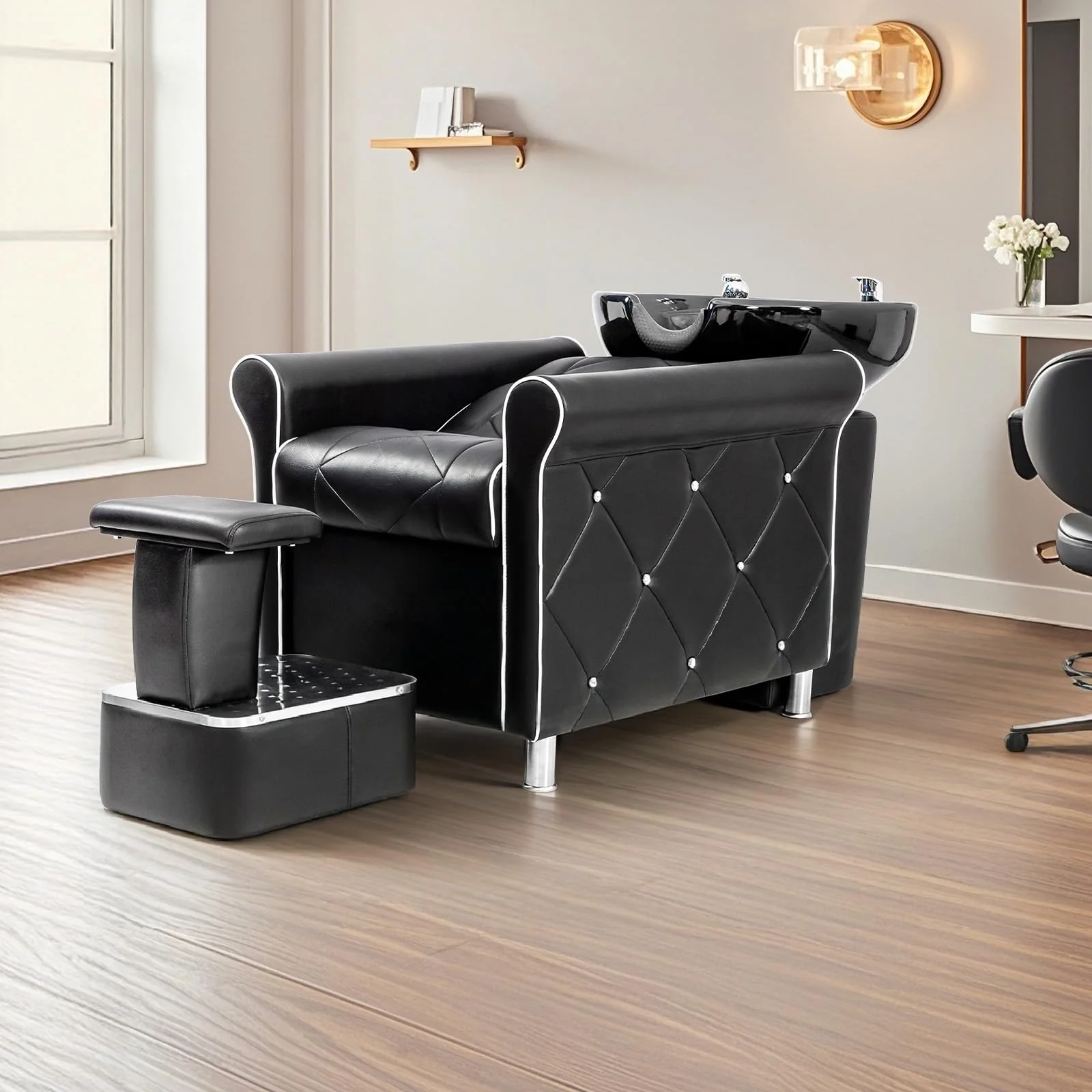 OmySalon BU1601 Salon Shampoo Bowl and Chair Backwash Unit with  Large Porcelain Bowl & Independent Footrest - Image 7