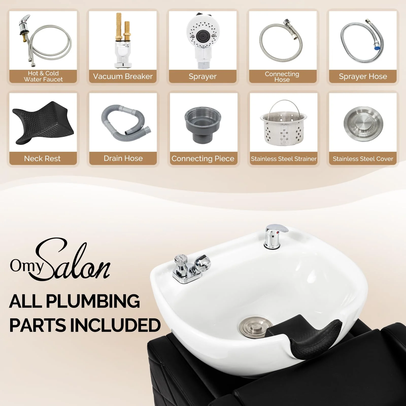 OmySalon BU1701 Salon Shampoo Bowl and Chair Backwash Unit with Large Ceramic Bowl & Freestanding Ottoman - Image 11