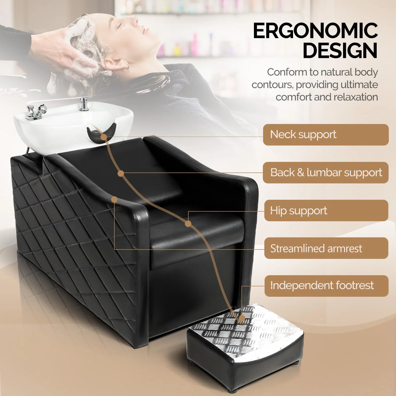 OmySalon BU1701 Salon Shampoo Bowl and Chair Backwash Unit with Large Ceramic Bowl & Freestanding Ottoman - Image 13