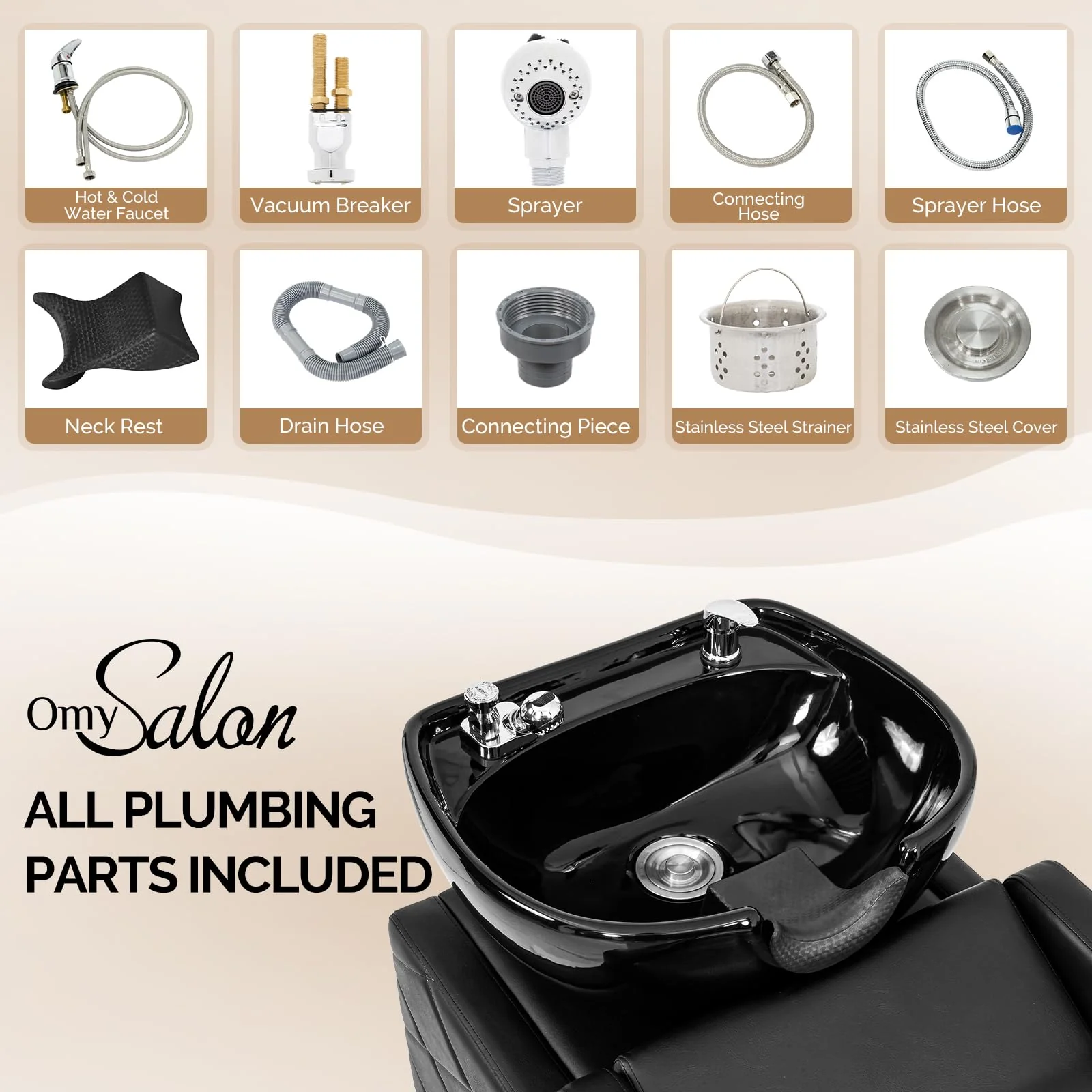 OmySalon BU1701 Salon Shampoo Bowl and Chair Backwash Unit with Large Ceramic Bowl & Freestanding Ottoman - Image 3