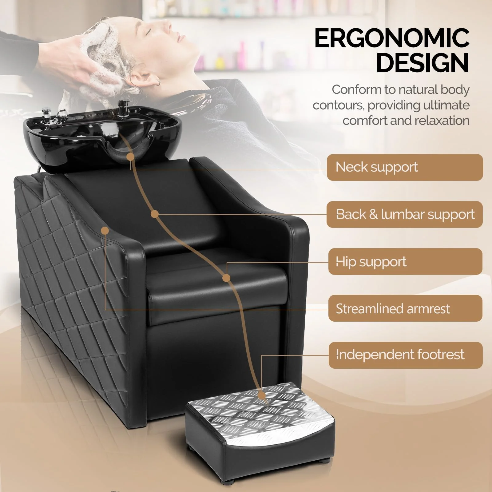 OmySalon BU1701 Salon Shampoo Bowl and Chair Backwash Unit with Large Ceramic Bowl & Freestanding Ottoman - Image 5