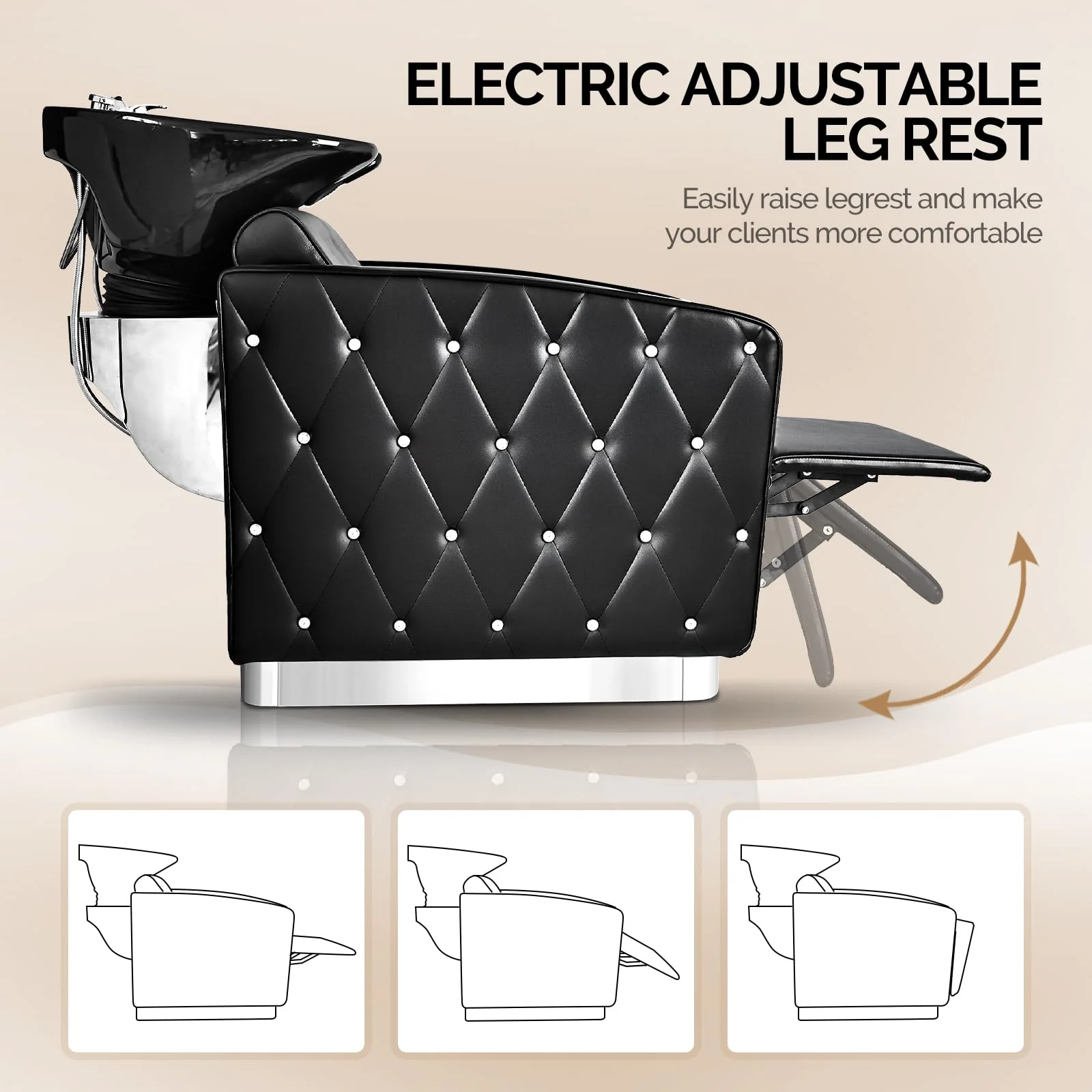 OmySalon BU1801 Electric Shampoo Bowl and Chair Backwash Unit with Reclining Legrest & Tilting Porcelain Shampoo Sink - Image 5