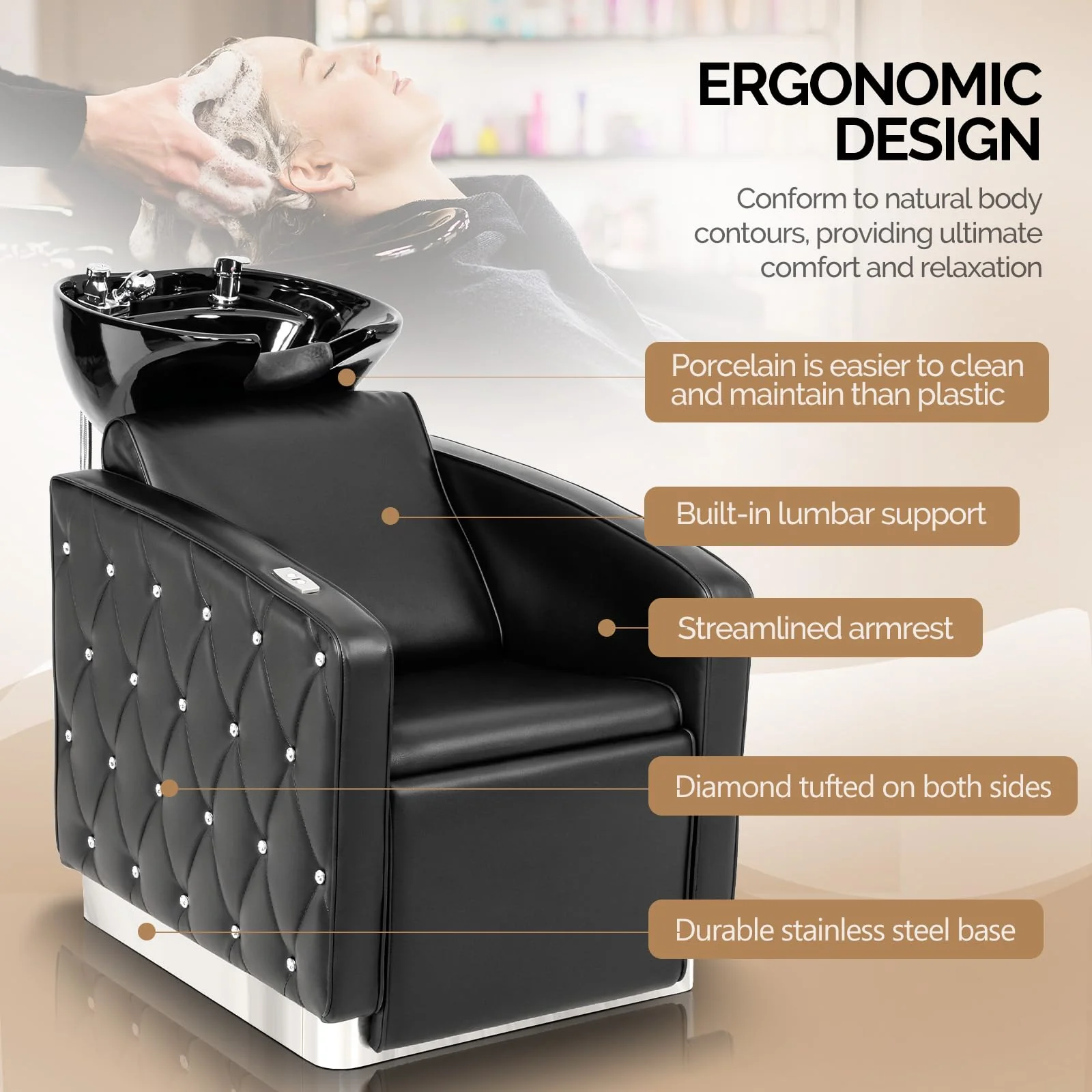 OmySalon BU1801 Electric Shampoo Bowl and Chair Backwash Unit with Reclining Legrest & Tilting Porcelain Shampoo Sink - Image 6