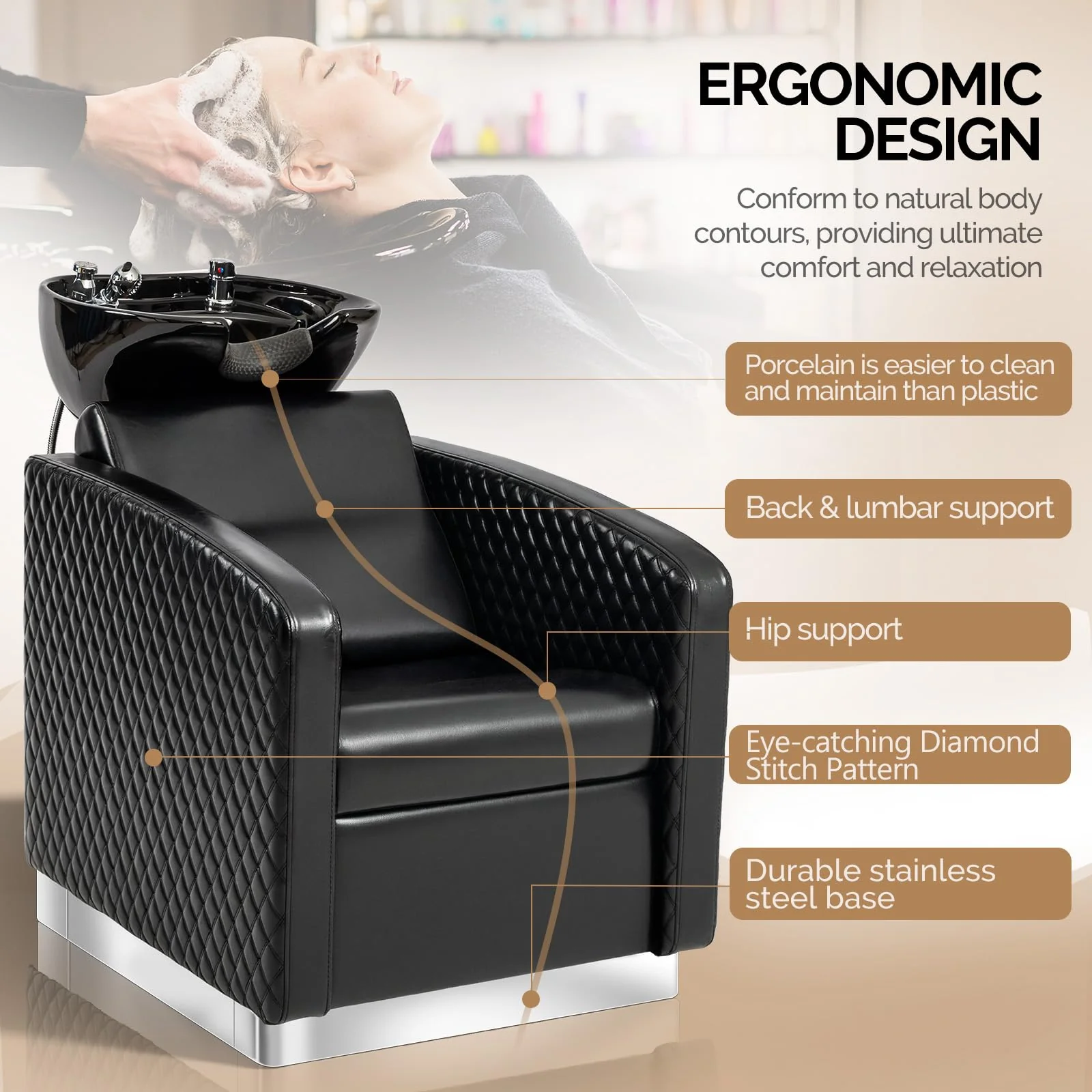 OmySalon BU1901 Salon Shampoo Bowl and Chair Backwash Unit with Large Ceramic Sink & Stainless Steel Base - Image 3