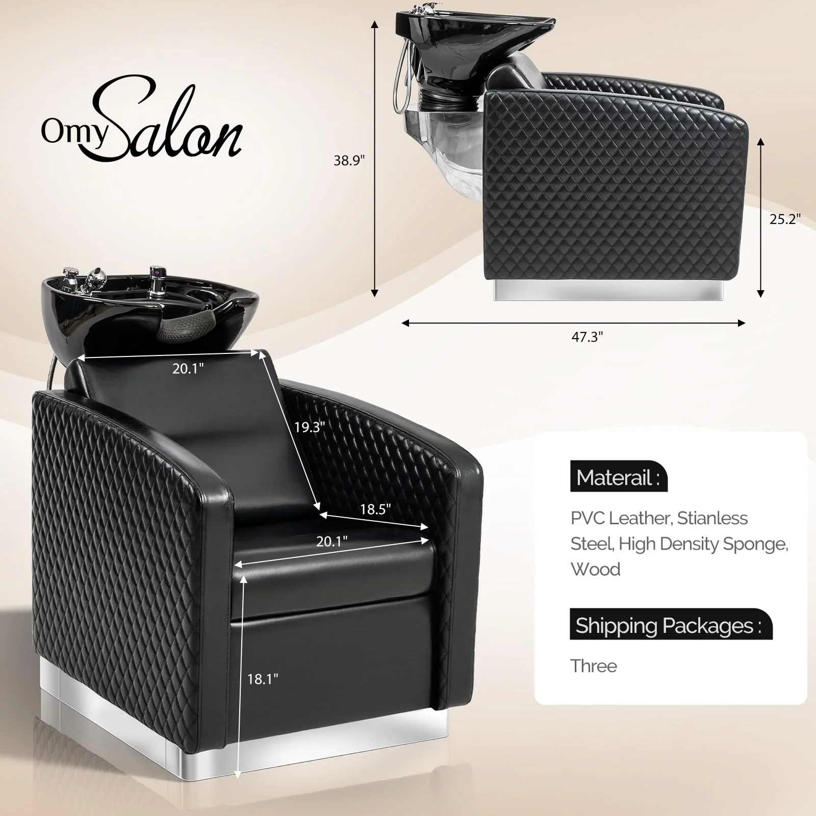 OmySalon BU1901 Salon Shampoo Bowl and Chair Backwash Unit with Large Ceramic Sink & Stainless Steel Base - Image 7