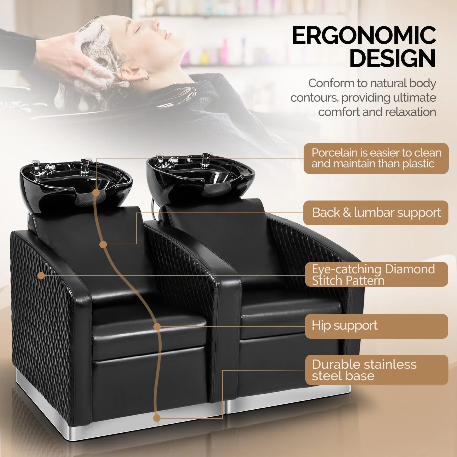 OmySalon BU1911 2-Seater Shampoo Bowl and Chair Backwash Unit with 2 Large Ceramic Sinks & Stainless Steel Base - Image 4