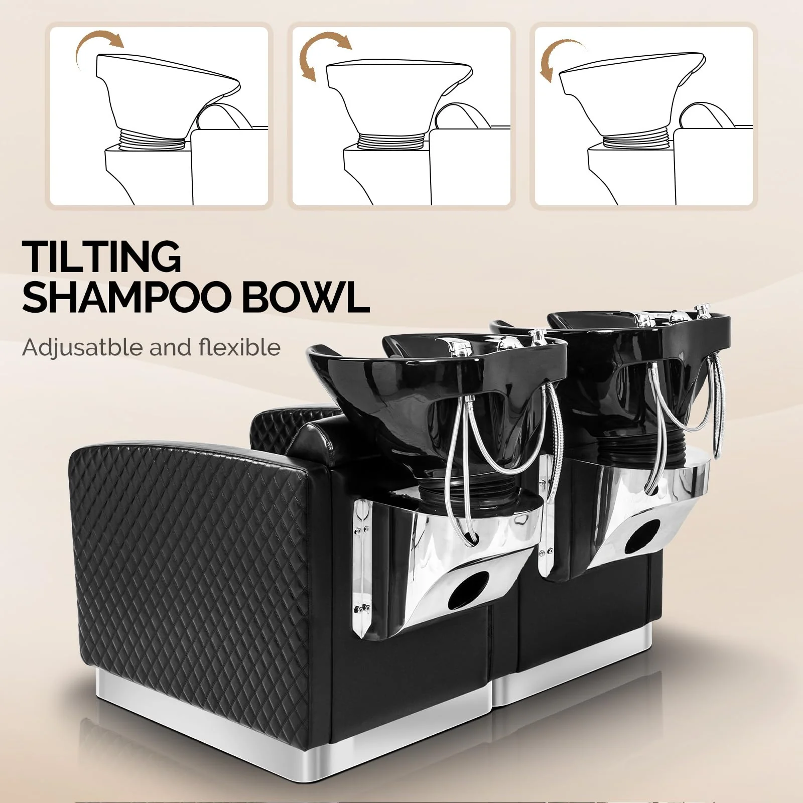 OmySalon BU1911 2-Seater Shampoo Bowl and Chair Backwash Unit with 2 Large Ceramic Sinks & Stainless Steel Base - Image 5