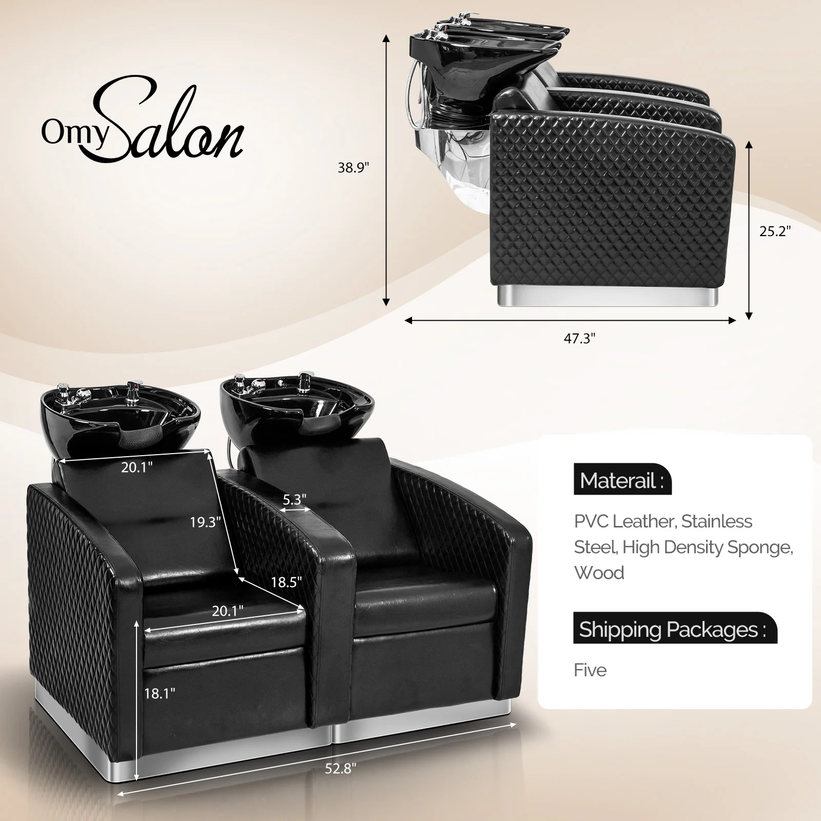 OmySalon BU1911 2-Seater Shampoo Bowl and Chair Backwash Unit with 2 Large Ceramic Sinks & Stainless Steel Base - Image 7