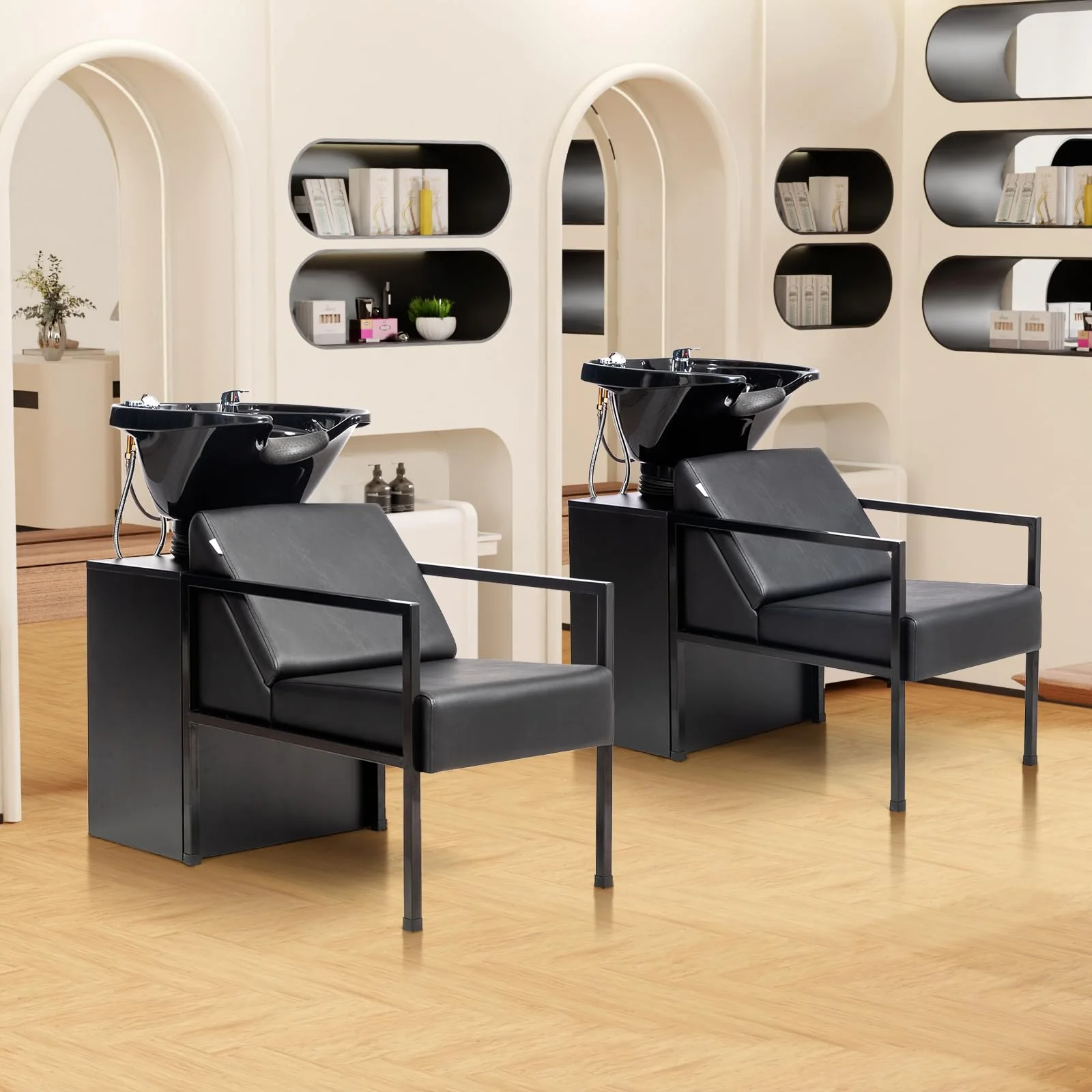 OmySalon BU2101 Salon Shampoo Backwash Chair Unit with Tilting ABS Plastic Bowl & Storage Cabinet Station - Image 2