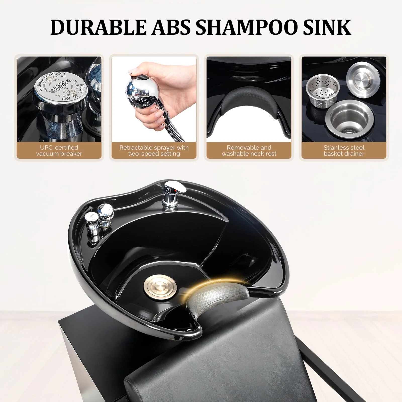 OmySalon BU2101 Salon Shampoo Backwash Chair Unit with Tilting ABS Plastic Bowl & Storage Cabinet Station - Image 4