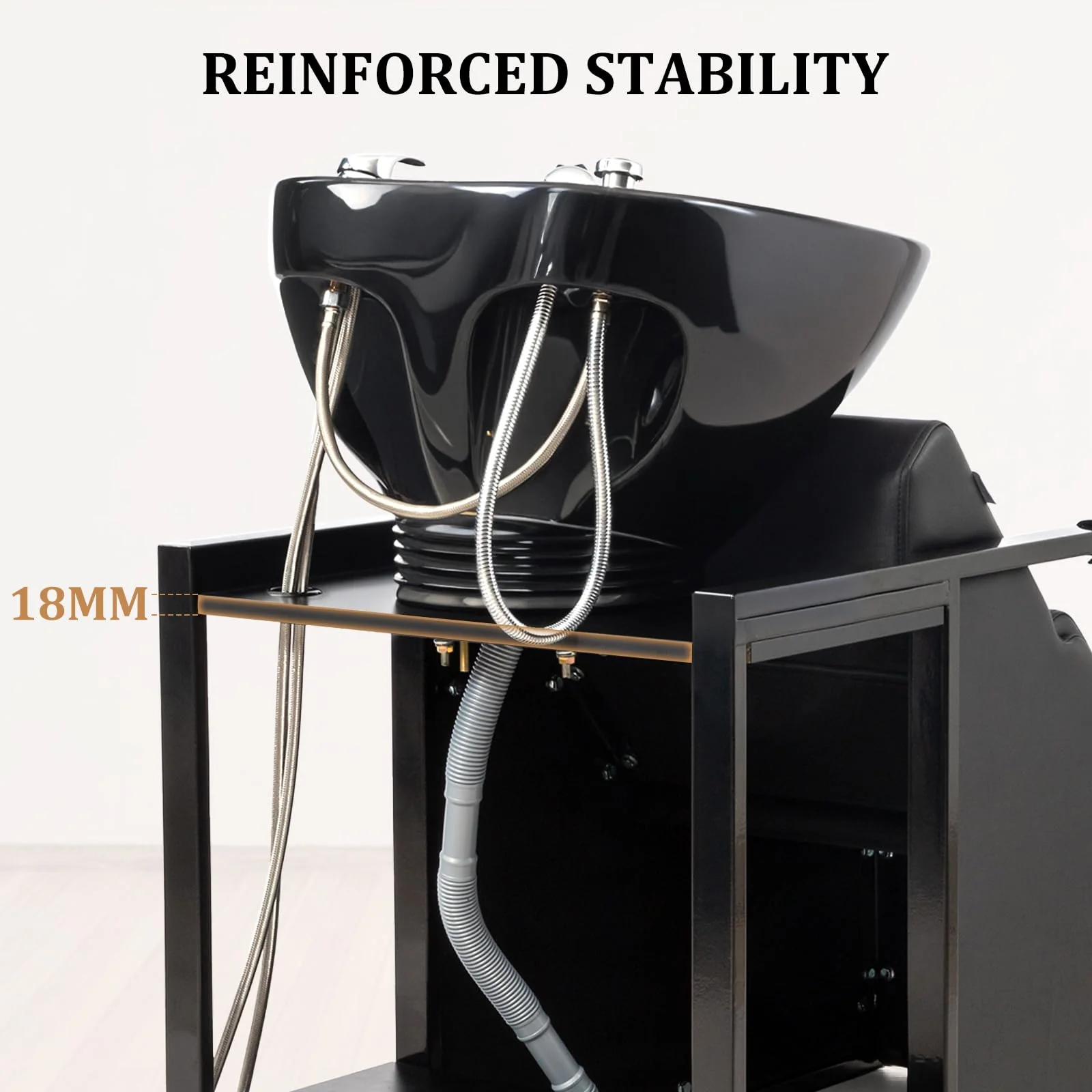 OmySalon BU2201 Salon Shampoo Backwash Chair Unit with Tilting Ceramic Bowl & Storage Shelf - Image 8