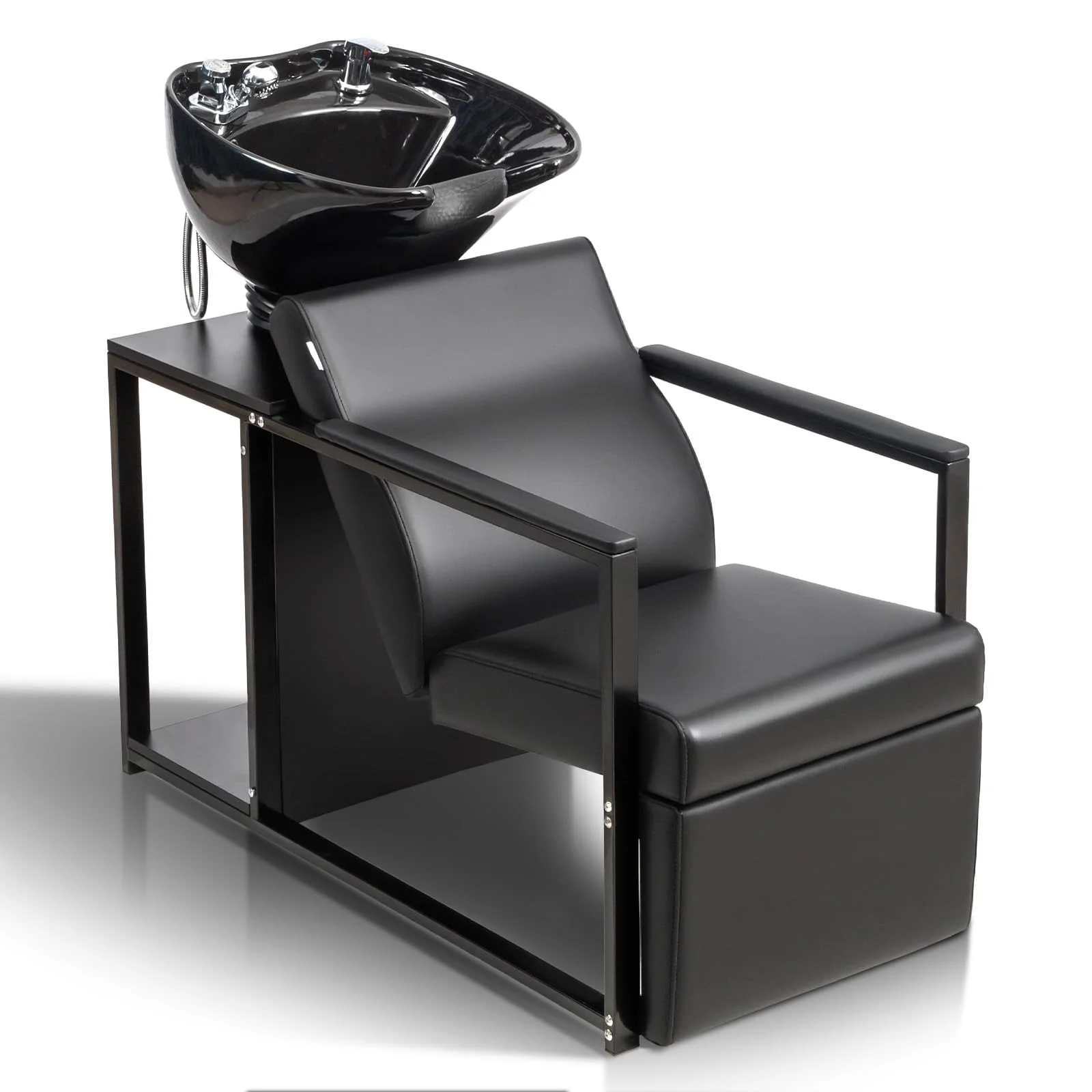 OmySalon BU2301 Salon Shampoo Backwash Chair Unit with Porcelain Bowl & Storage Shelf
