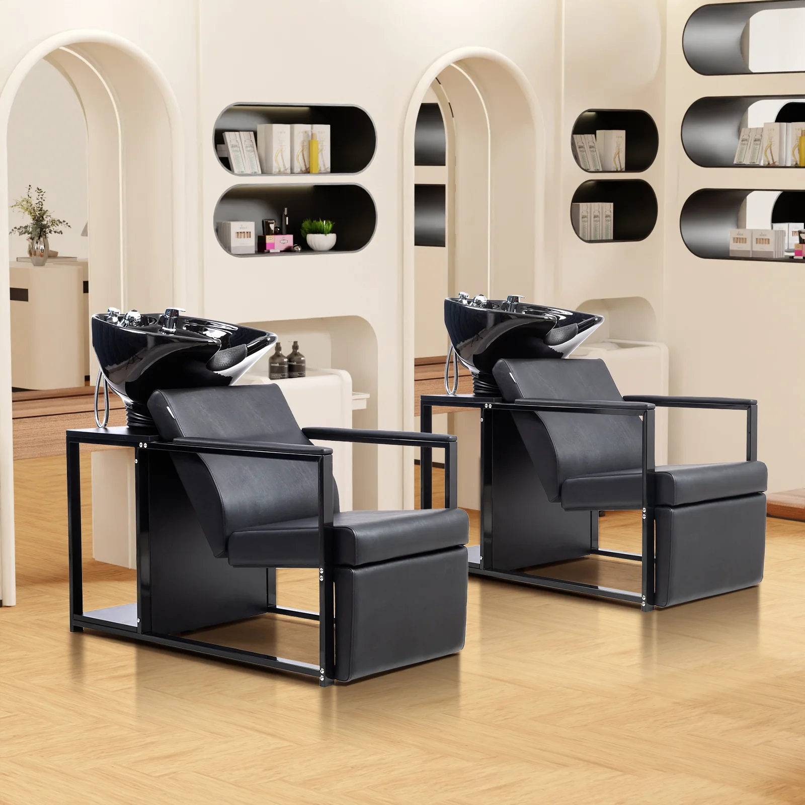 OmySalon BU2301 Salon Shampoo Backwash Chair Unit with Porcelain Bowl & Storage Shelf - Image 10