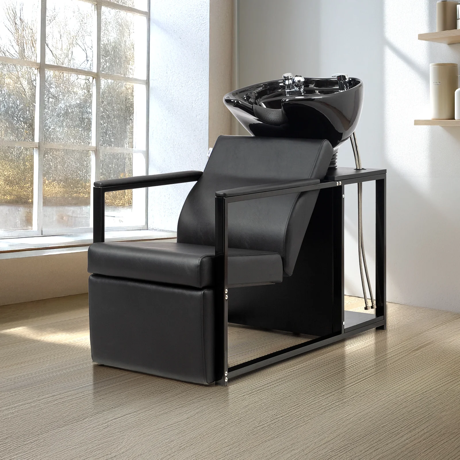 OmySalon BU2301 Salon Shampoo Backwash Chair Unit with Porcelain Bowl & Storage Shelf - Image 11