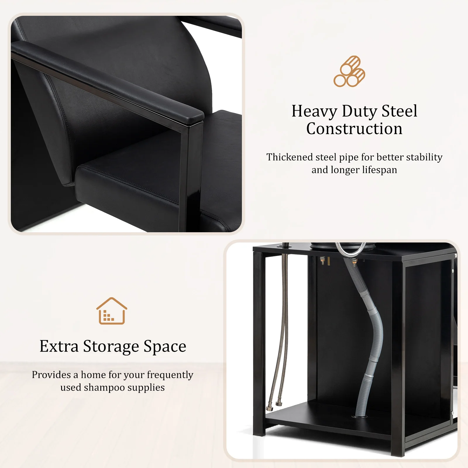 OmySalon BU2301 Salon Shampoo Backwash Chair Unit with Porcelain Bowl & Storage Shelf - Image 9