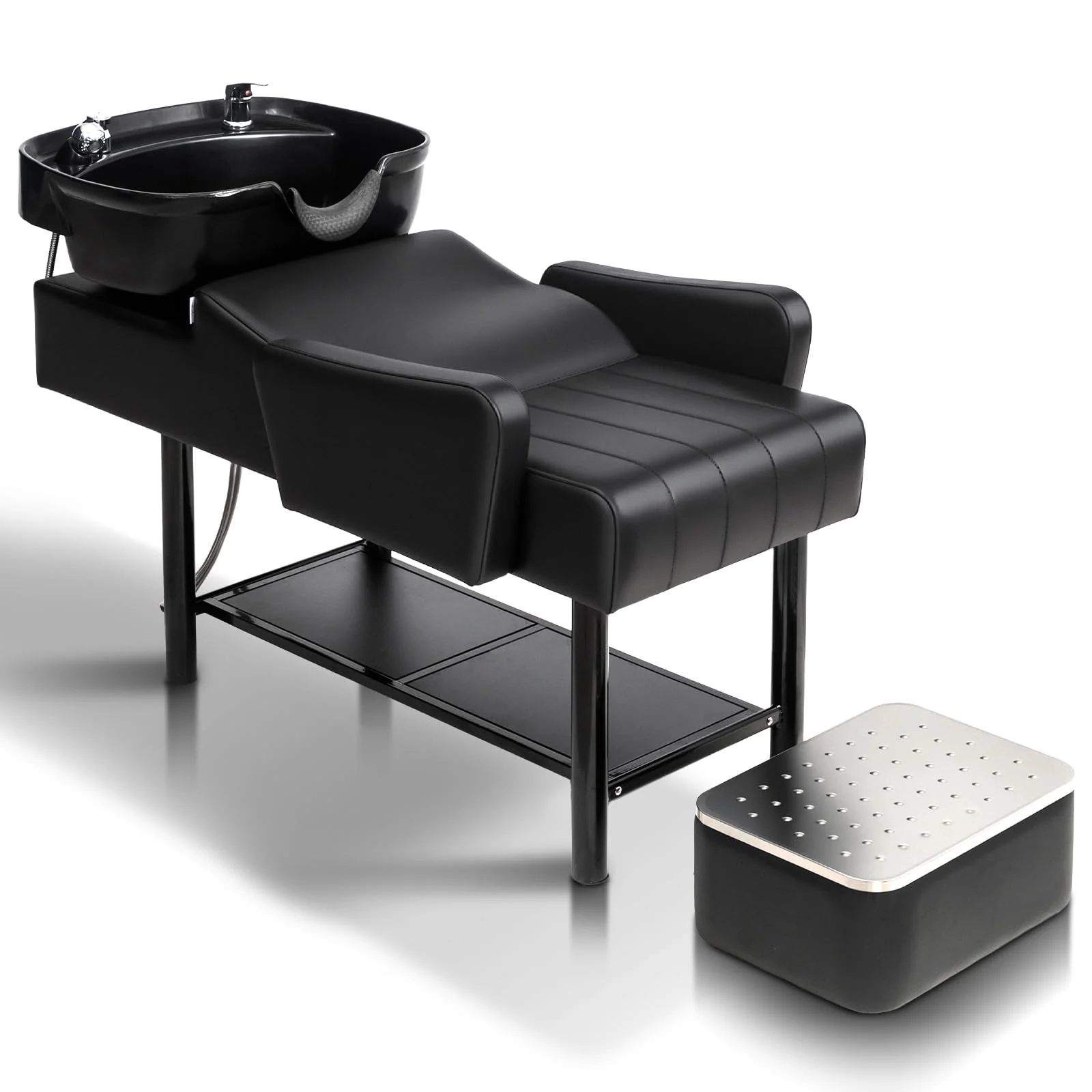 OmySalon BU2501 Salon Shampoo Backwash Unit with ABS Plastic Bowl & Storage Shelf & Freestanding Ottoman