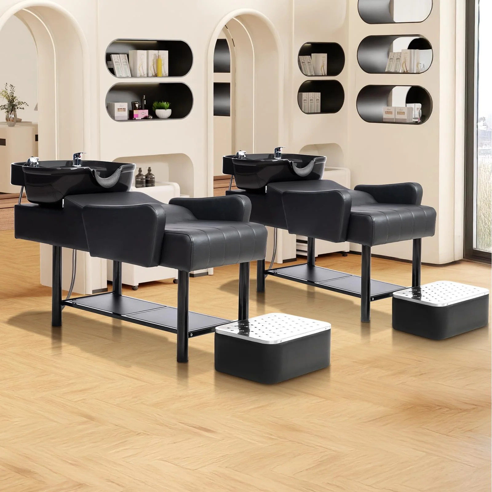 OmySalon BU2501 Salon Shampoo Backwash Unit with ABS Plastic Bowl & Storage Shelf & Freestanding Ottoman - Image 2