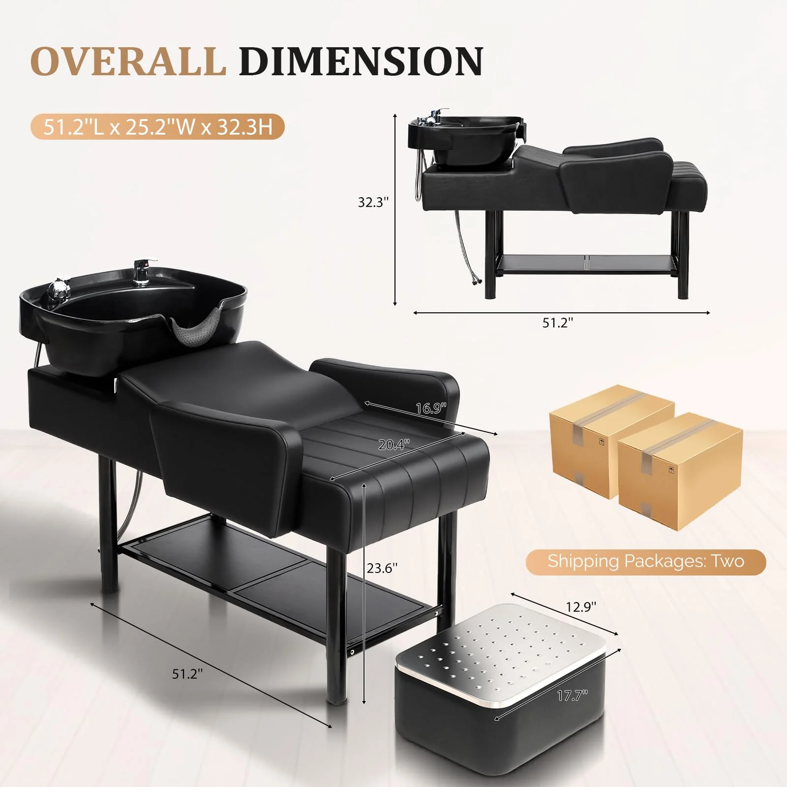 OmySalon BU2501 Salon Shampoo Backwash Unit with ABS Plastic Bowl & Storage Shelf & Freestanding Ottoman - Image 3
