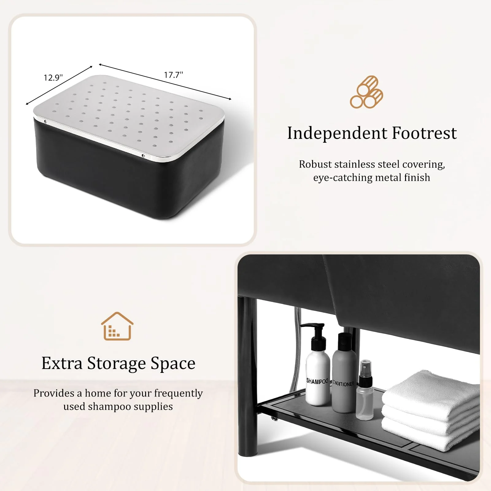 OmySalon BU2501 Salon Shampoo Backwash Unit with ABS Plastic Bowl & Storage Shelf & Freestanding Ottoman - Image 7